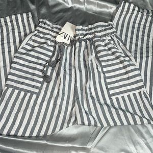Zara Striped Drawstring Paperbag Cropped Pants Size M NWT